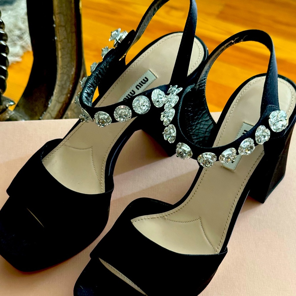 Miu Miu Brand New Black Platform Sandals with jeweled straps. Size 10